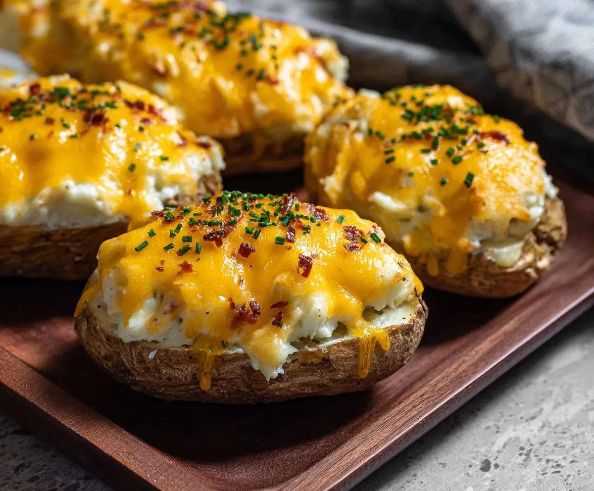 Delicious cheesy twice baked potatoes with melted cheese and crispy topping on a plate.