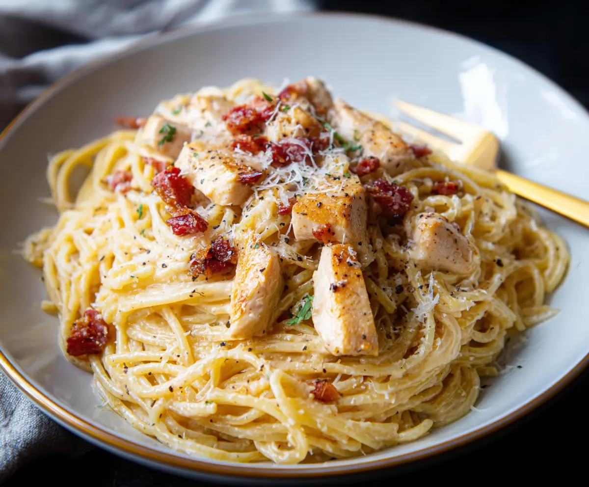Delicious Chicken Carbonara Pasta dish with creamy sauce and crispy bacon