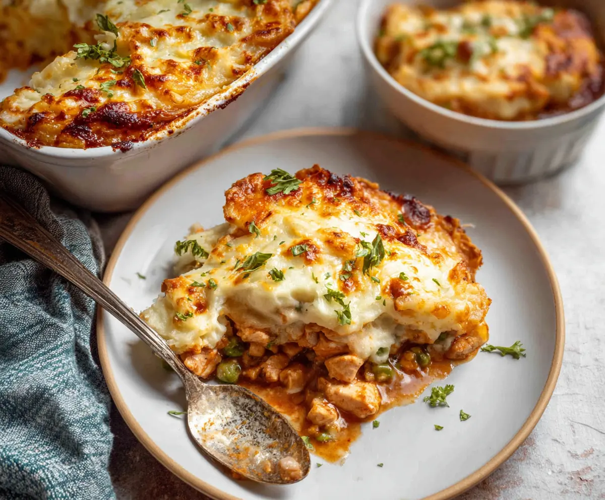 Delicious Chicken Shepherd's Pie topped with golden mashed potatoes and served in a rustic baking dish.