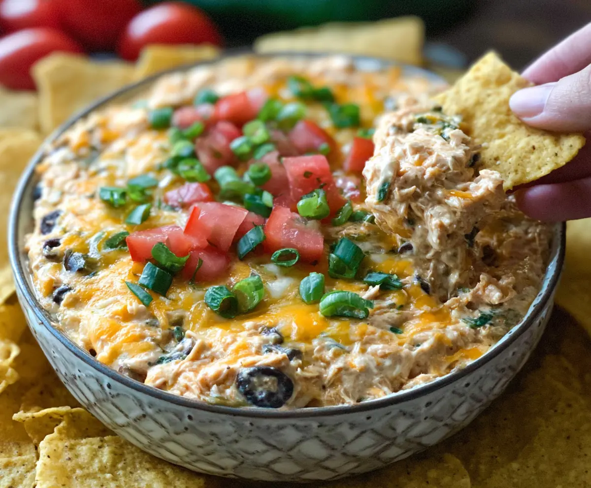 Delicious chicken taco dip with melted cheese, sour cream, and fresh toppings served in a bowl.