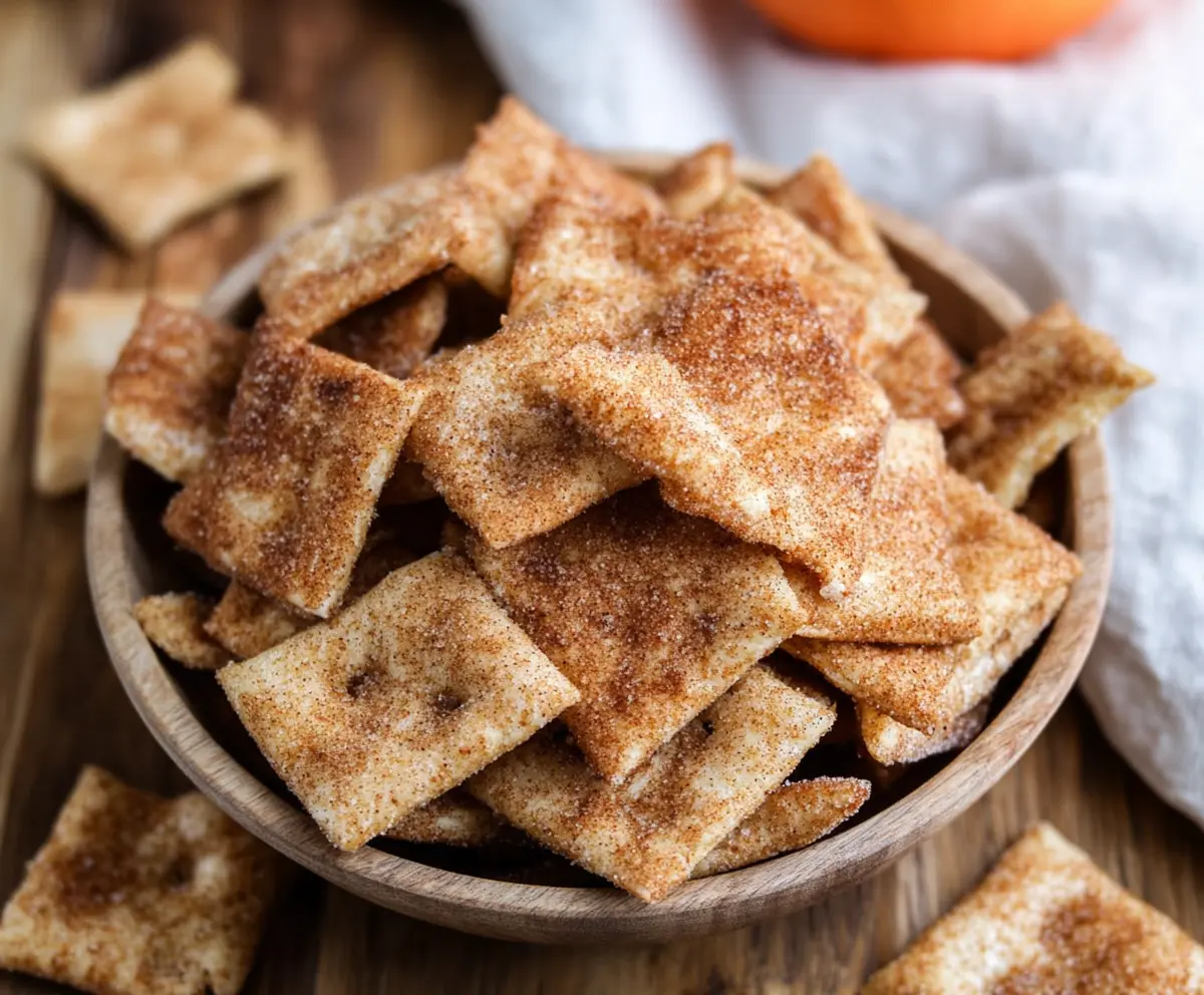 Golden cinnamon sugar sourdough crackers on a rustic wooden surface, perfect for snacking.
