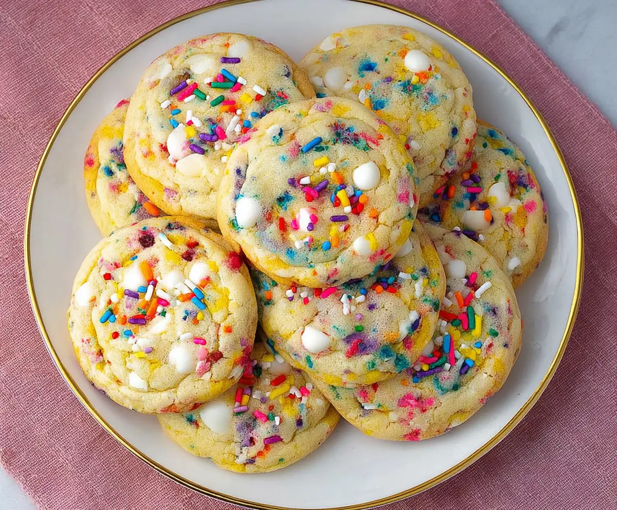Colorful confetti cookies with rainbow sprinkles and a sweet, cheerful appearance.