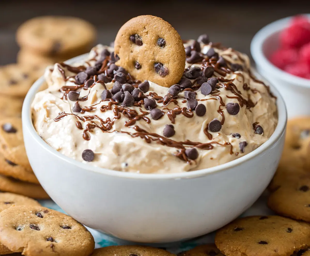 Creamy cookie dough dip served in a bowl with chocolate chips and cookies on a platter.