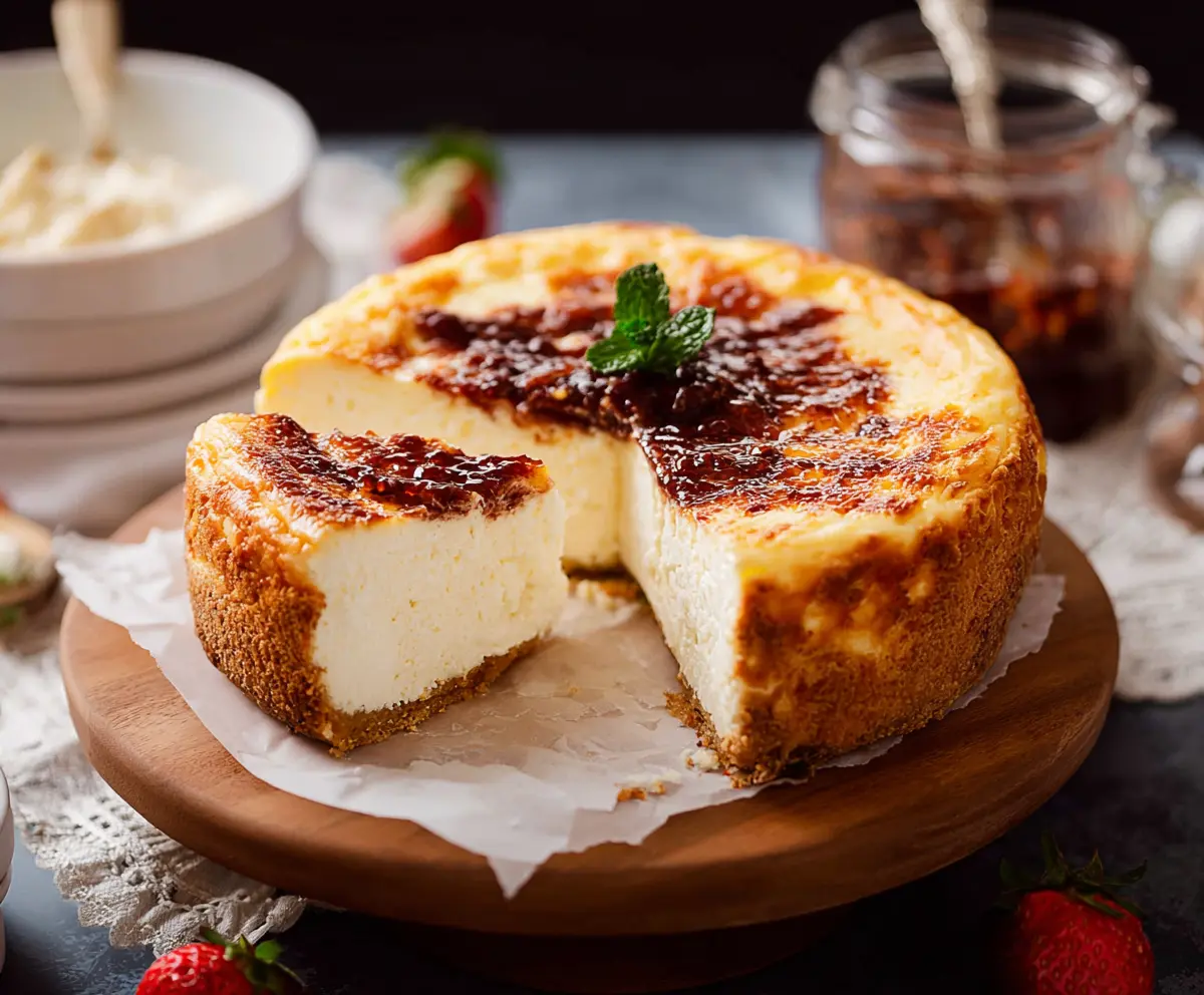 Creamy cottage cheese cheesecake garnished with fresh berries and mint for a delicious dessert.
