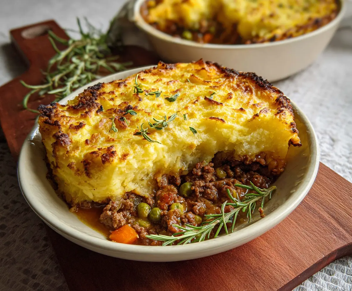 Delicious homemade Cottage Pie with mashed potato crust and savory beef filling.