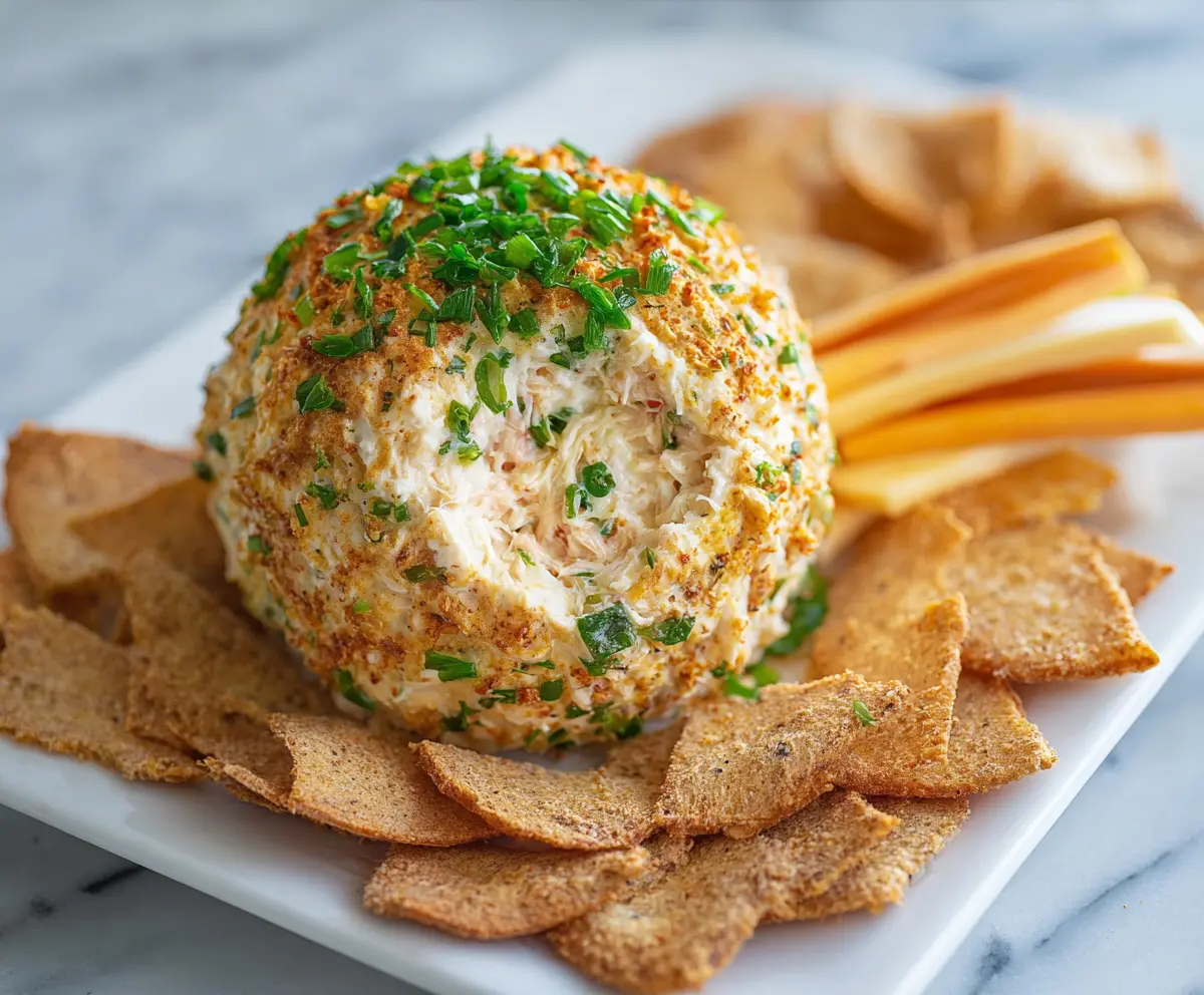 Delicious crab dip cheese ball with creamy cheese and fresh crab meat for appetizer or party snack.