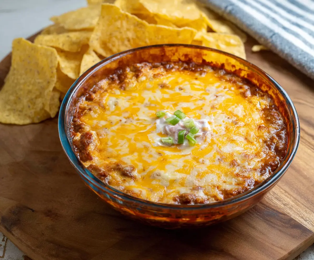 Cream Cheese Chili Dip served with tortilla chips, perfect for parties and gatherings.