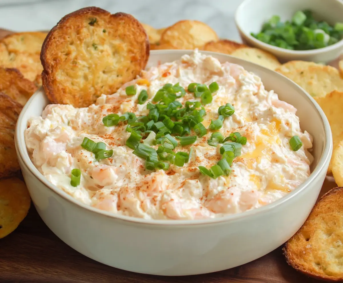 Cream cheese shrimp dip served with fresh vegetables and crackers, perfect for parties and gatherings.