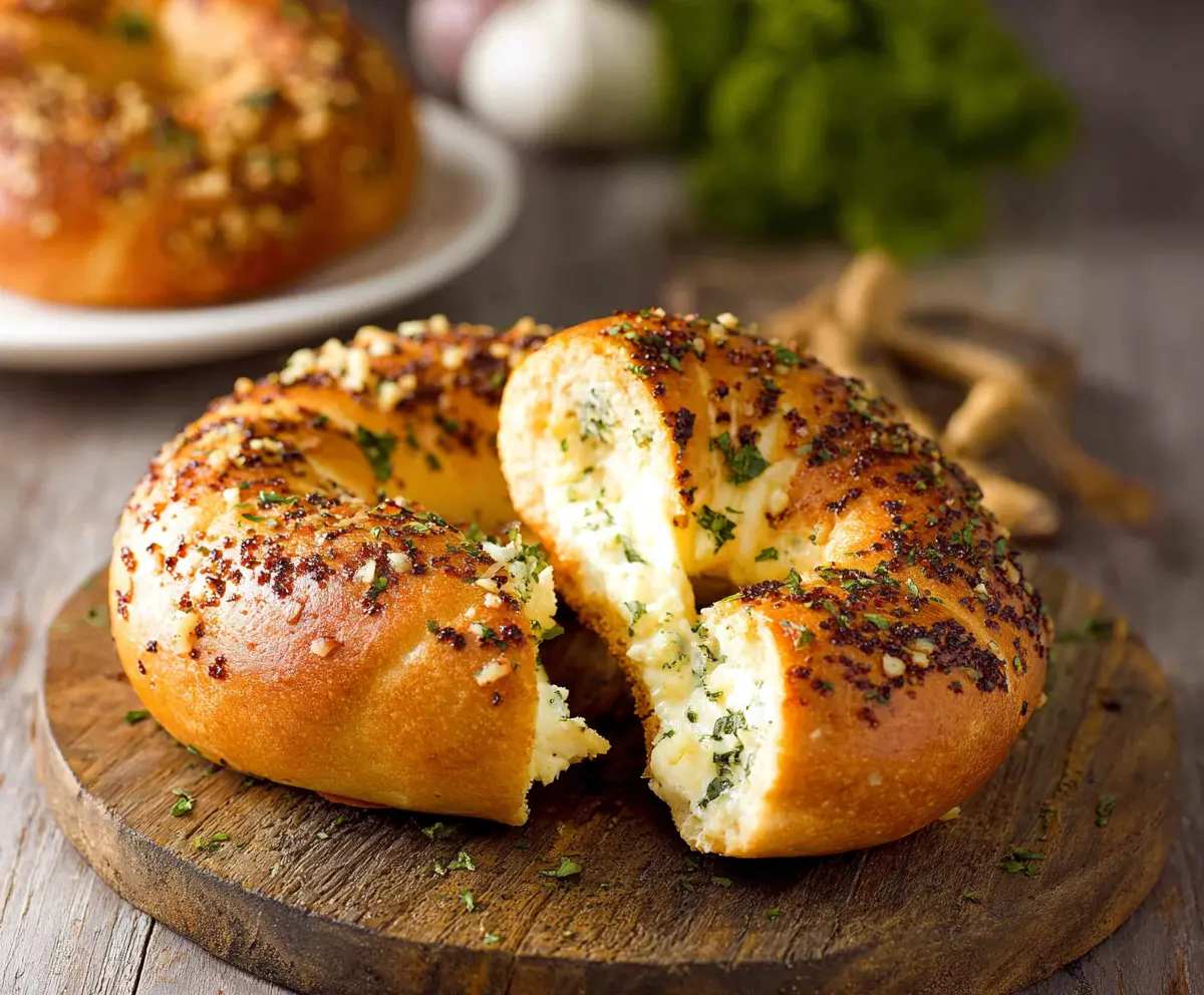 Cream cheese stuffed garlic bagels with crispy crust and flavorful filling