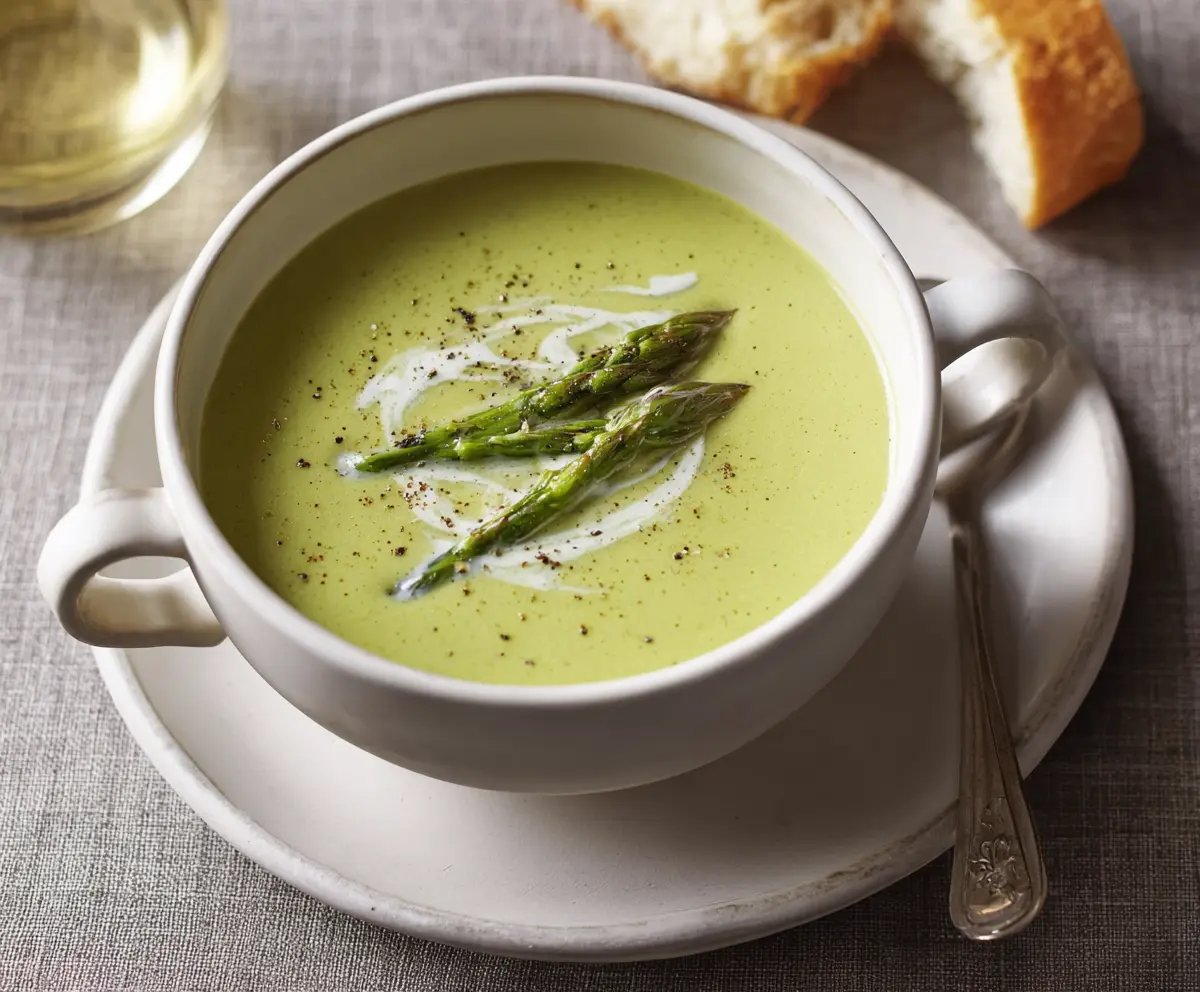A bowl of creamy asparagus soup garnished with fresh herbs, served for a delicious appetizer.