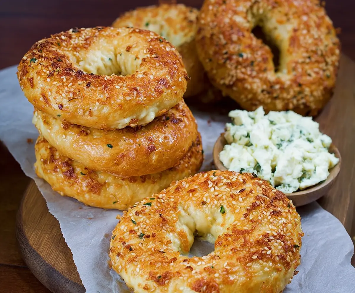 Delicious creamy cheddar cheese bagels fresh out of the oven, perfect for breakfast or snacks.