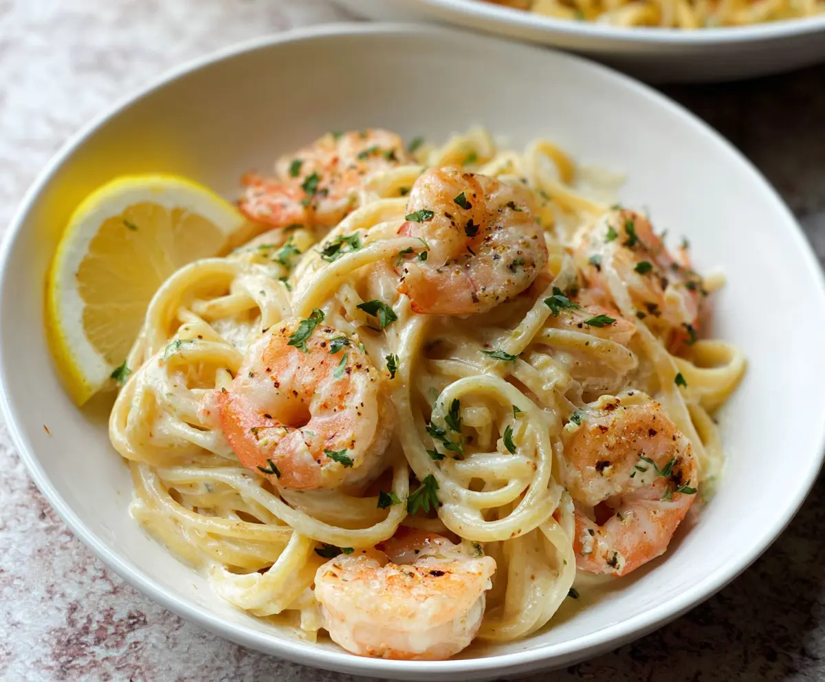 Creamy lemon shrimp pasta served in a white bowl with fresh herbs and lemon wedges.
