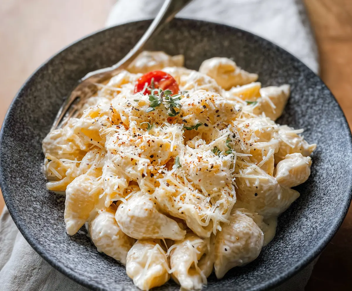 Creamy ricotta pasta served in a bowl with fresh herbs and grated cheese, delicious and comforting Italian dish.