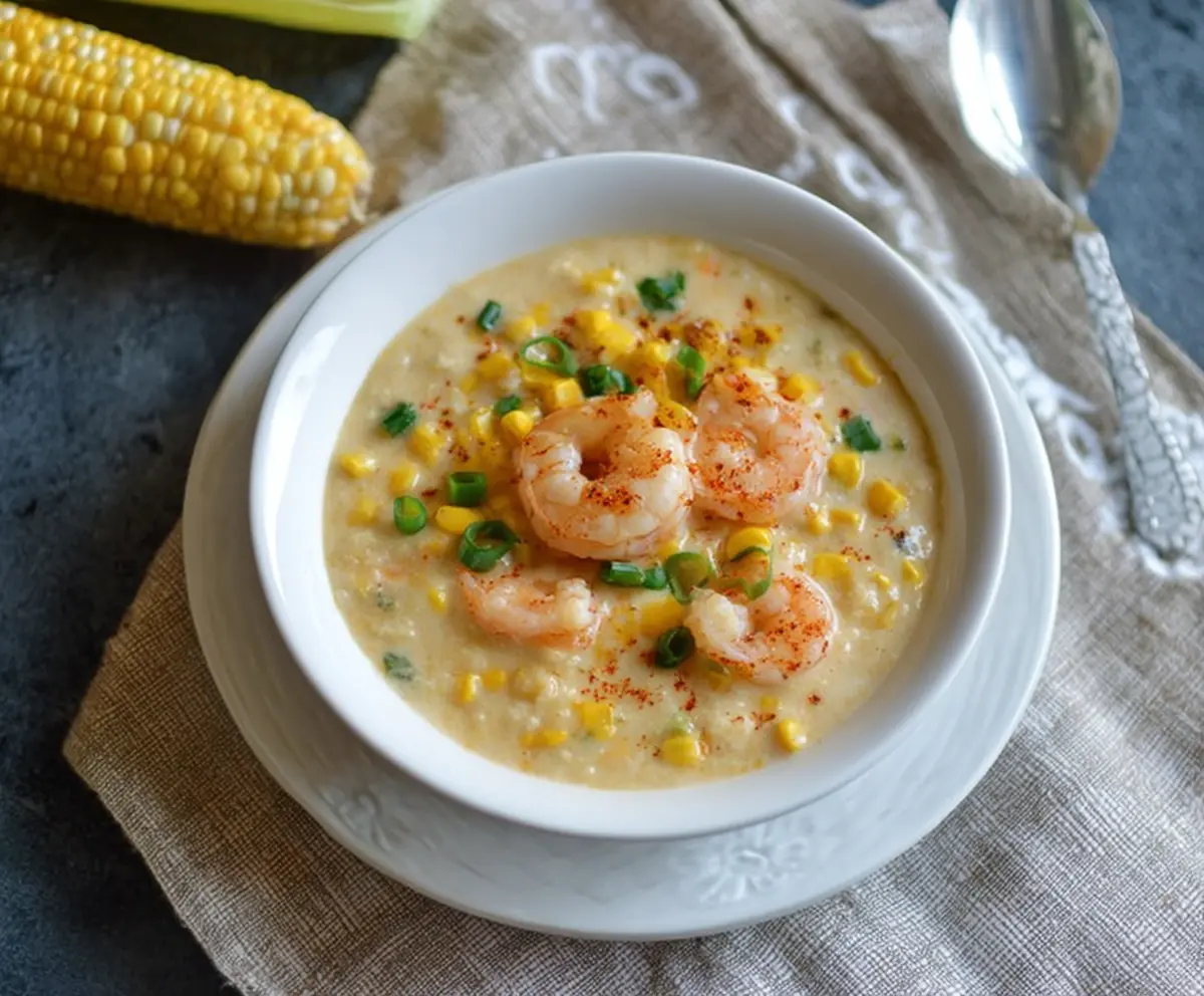 Creamy shrimp and corn soup served in a bowl, garnished with fresh herbs.