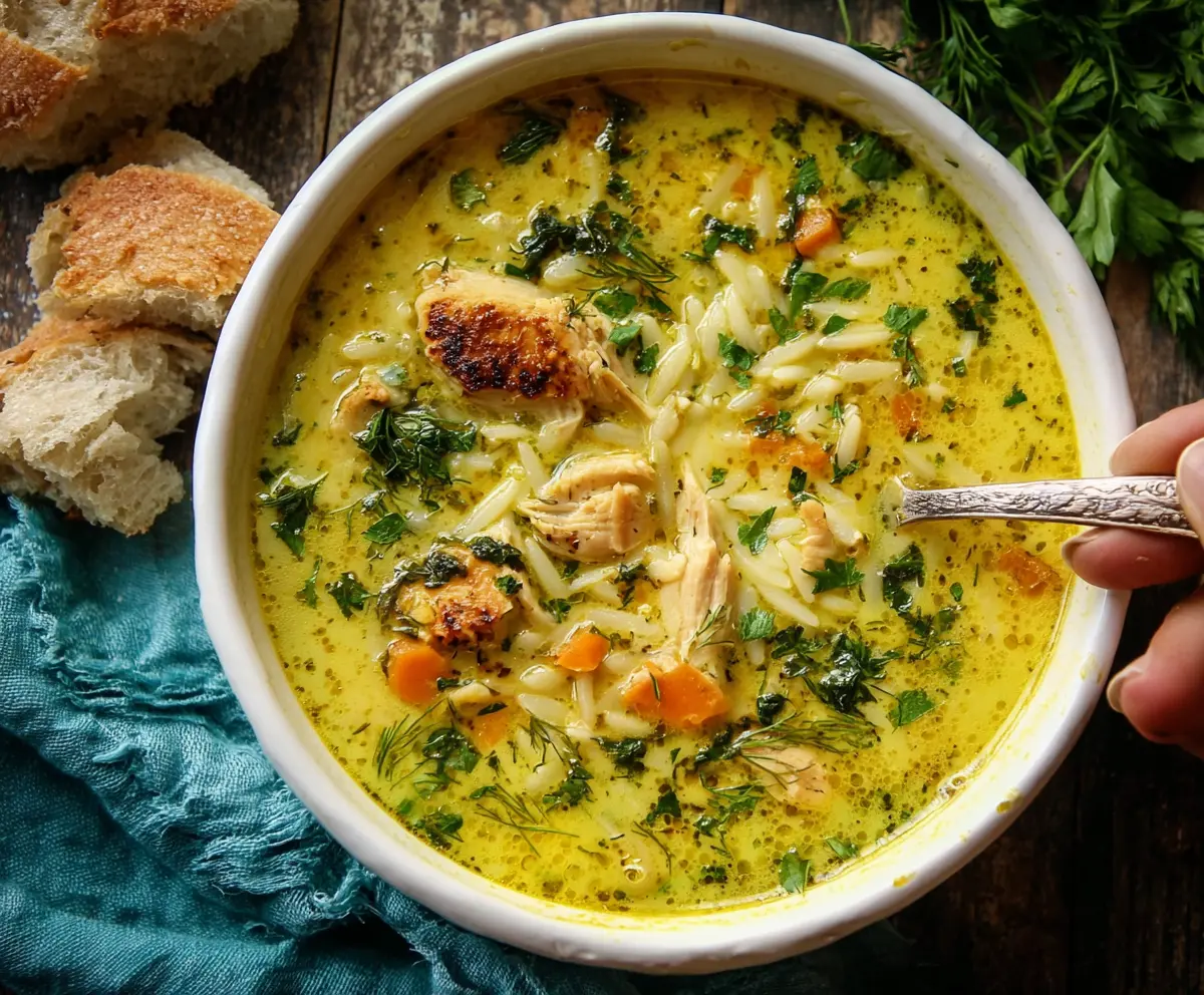Creamy turmeric lemon chicken and orzo soup in a bowl, garnished with fresh herbs