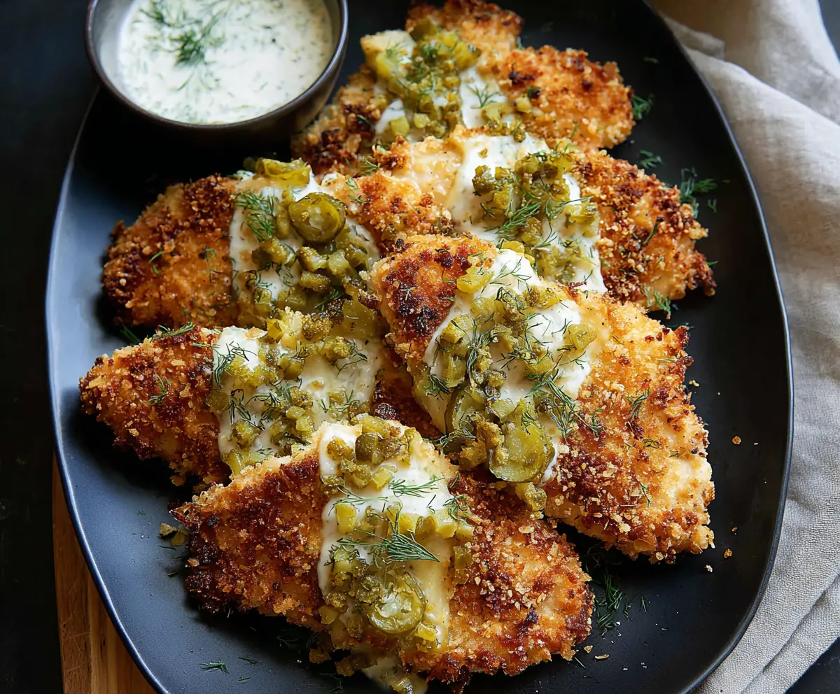 Golden crispy Parmesan chicken topped with dill pickles and herbs, served on a rustic plate.