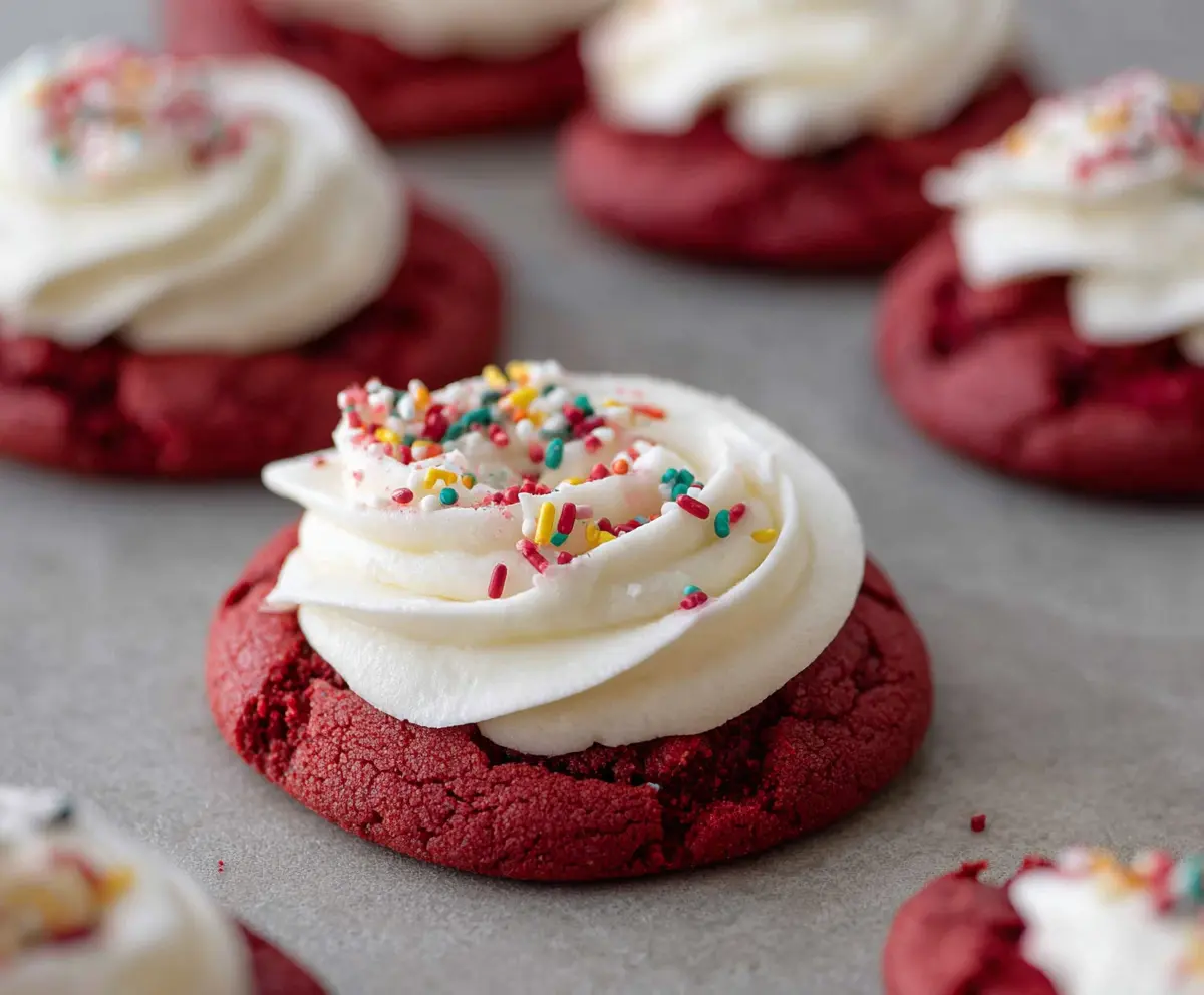 Delicious Crumbl Red Velvet Cupcake Cookies with creamy frosting and vibrant red color.