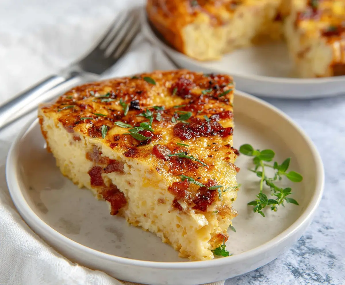 Delicious crustless bacon and cheese quiche served on a white plate, garnished with fresh herbs.
