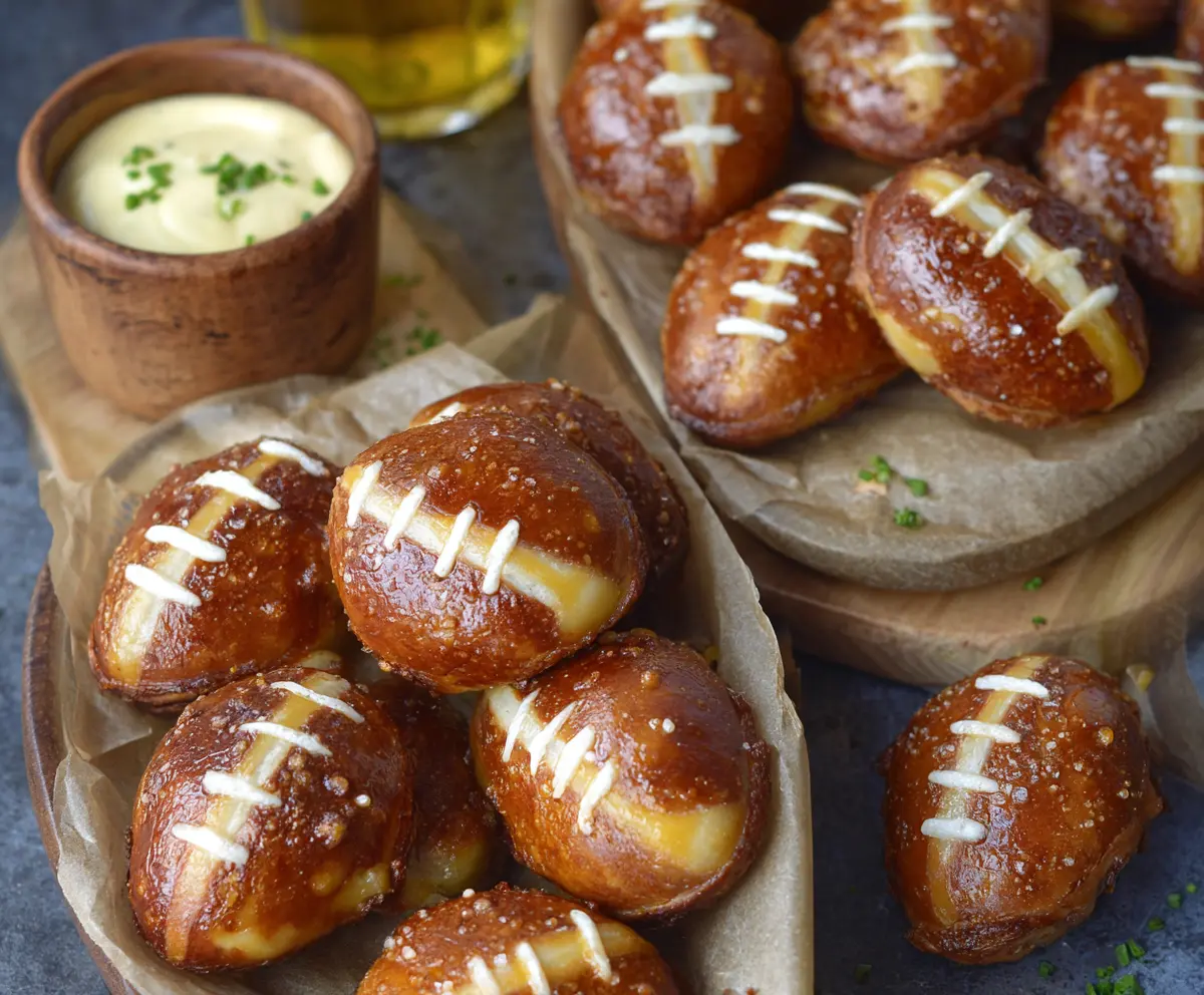Football-shaped soft pretzel bites on a plate, perfect for game day snacking.