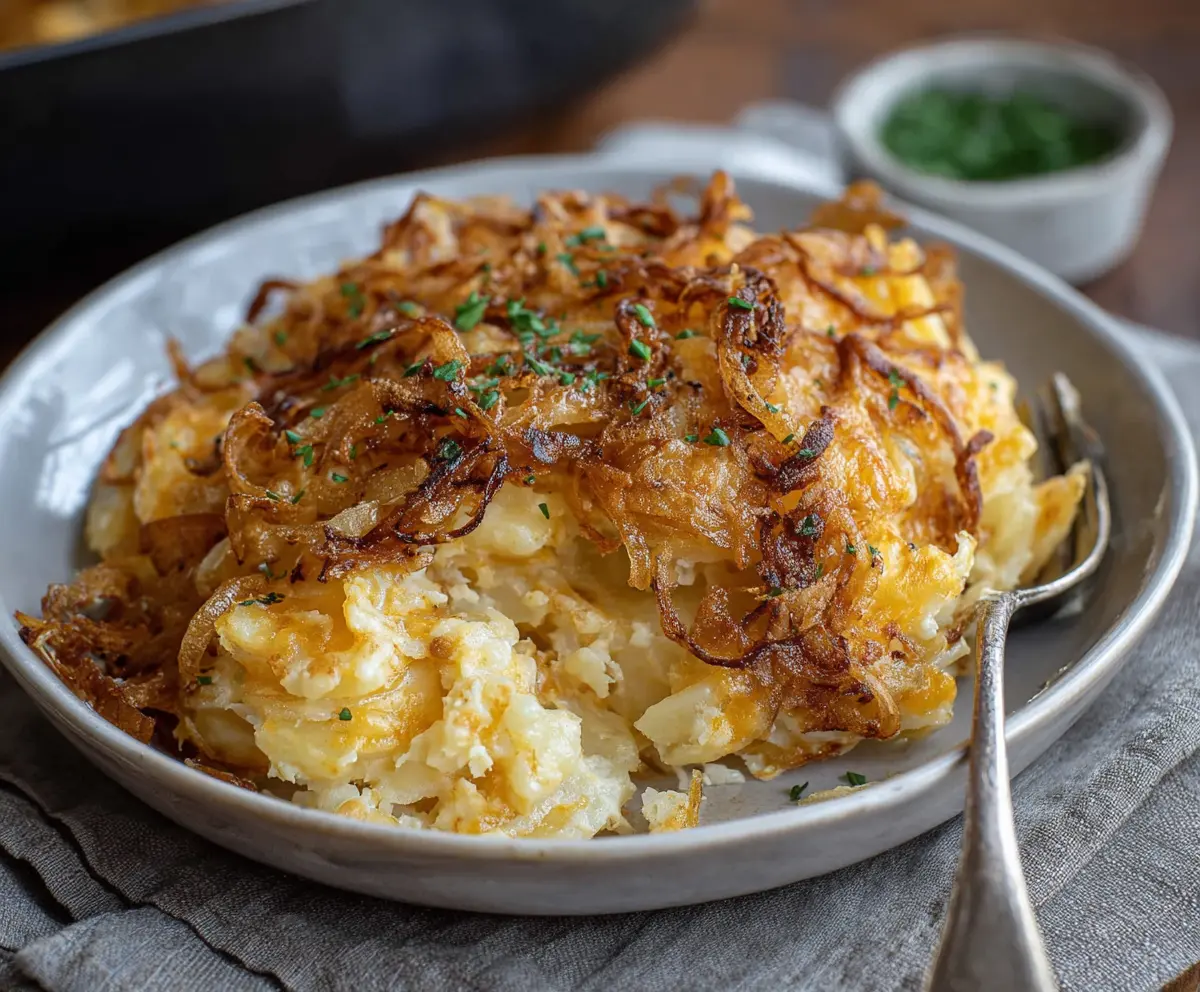 Delicious French Onion Funeral Potatoes baked to perfection topped with melted cheese.