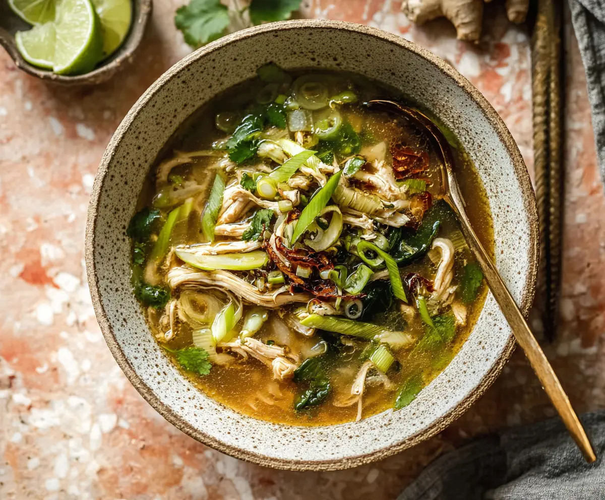 Delicious Ginger Scallion Chicken Soup with fresh herbs and tender chicken pieces