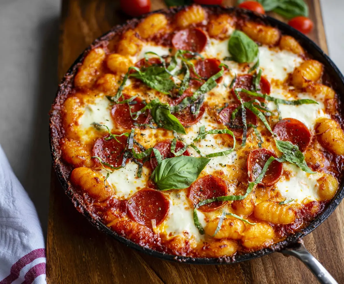 Delicious homemade Gnocchi Pizza topped with melted cheese and fresh herbs.