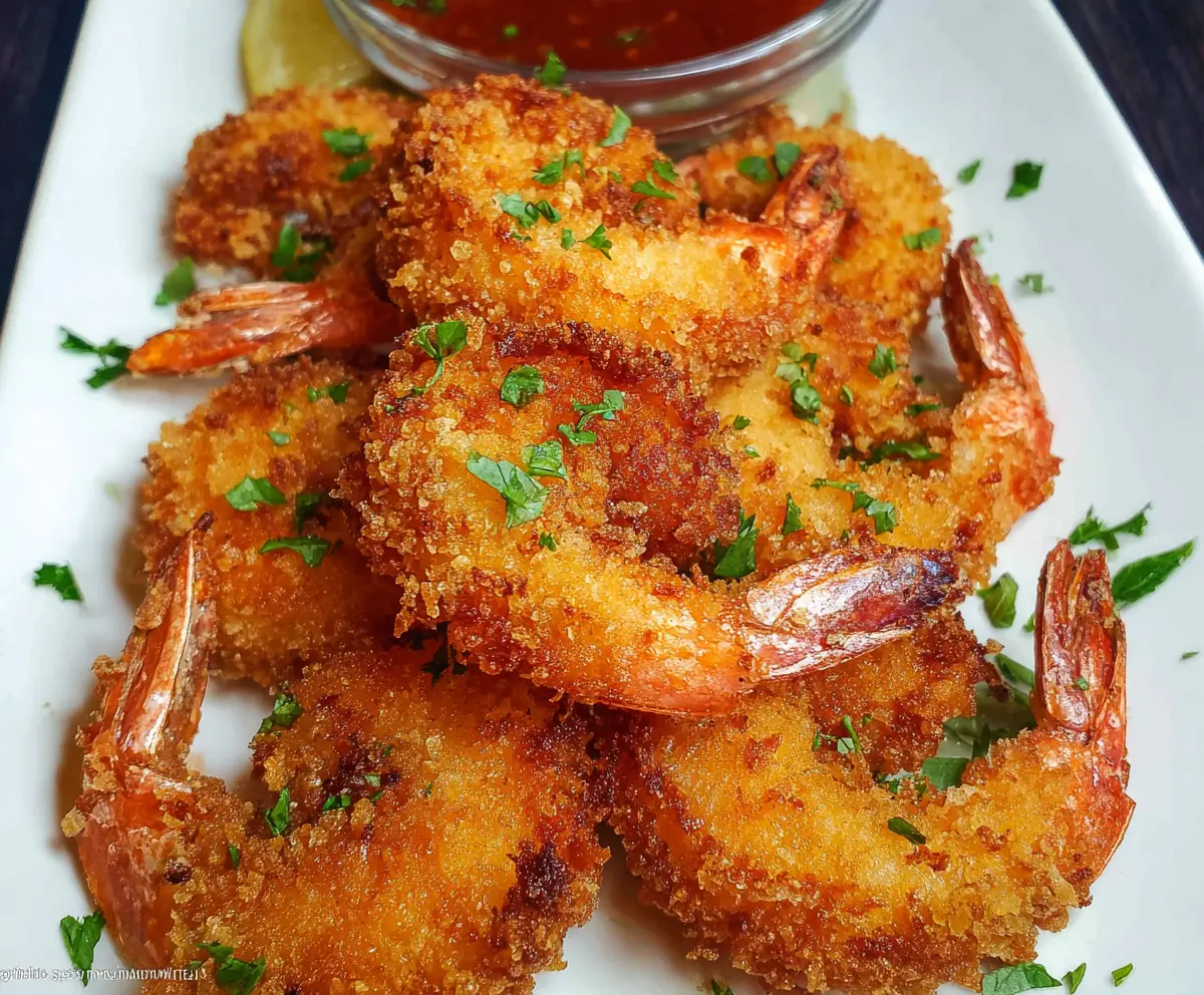 Golden crispy fried shrimp served with lemon and dipping sauce, perfect for appetizers or parties.
