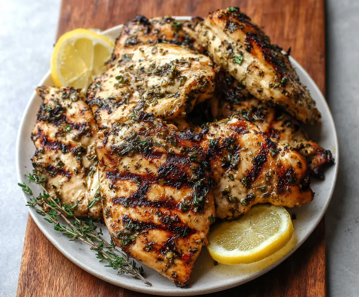 Juicy grilled lemon herb chicken breasts served on a plate with fresh herbs and lemon slices.
