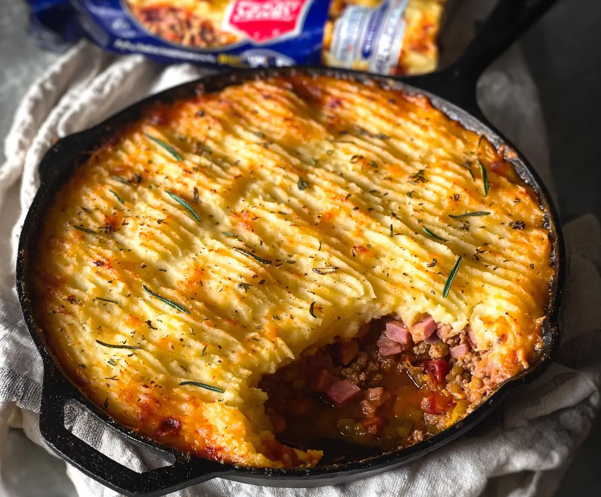 Delicious homemade Ham Shepherd's Pie with mashed potato topping and melted cheese