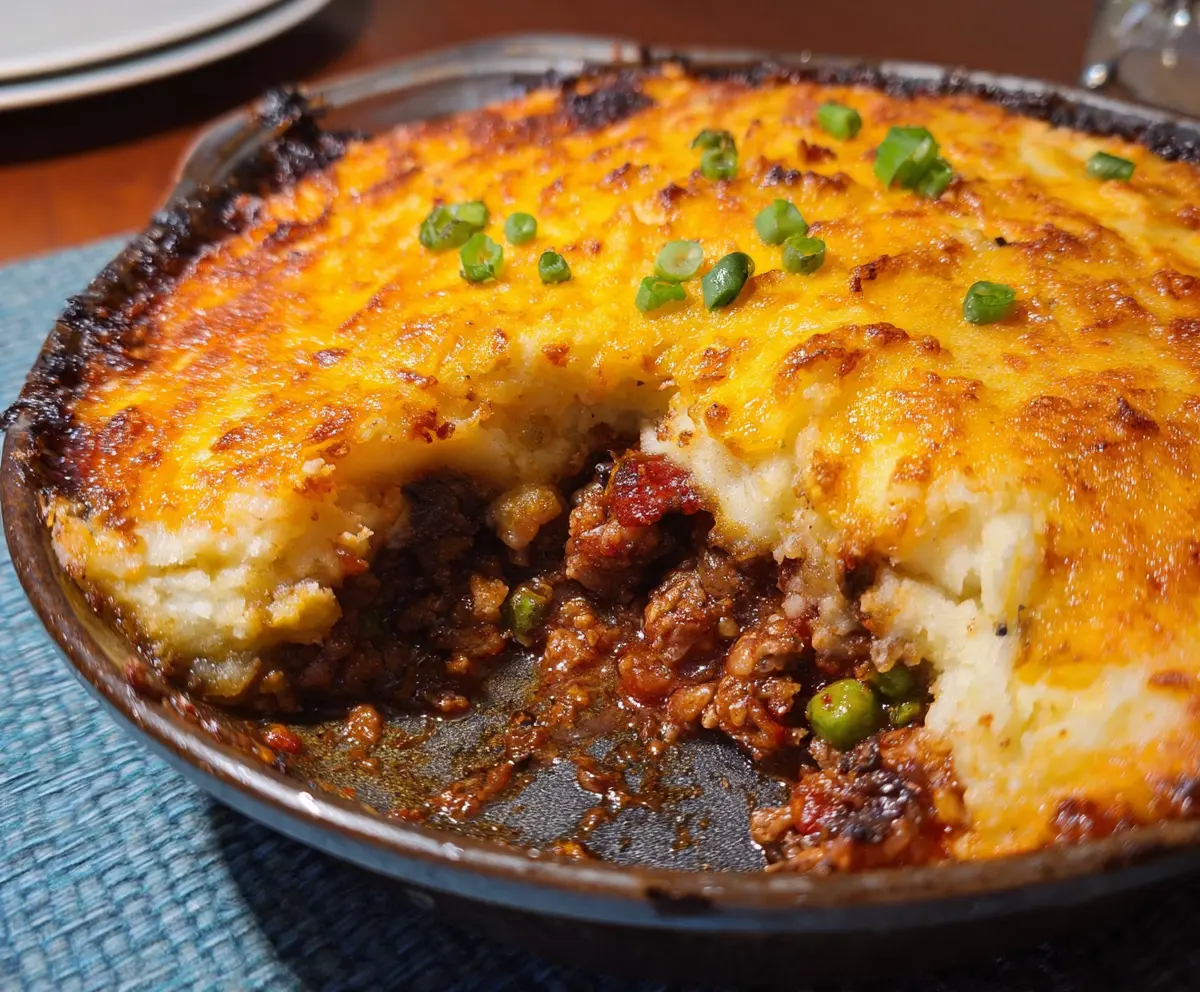 Delicious Hash Brown Shepherd's Pie garnished with fresh herbs on a plate.
