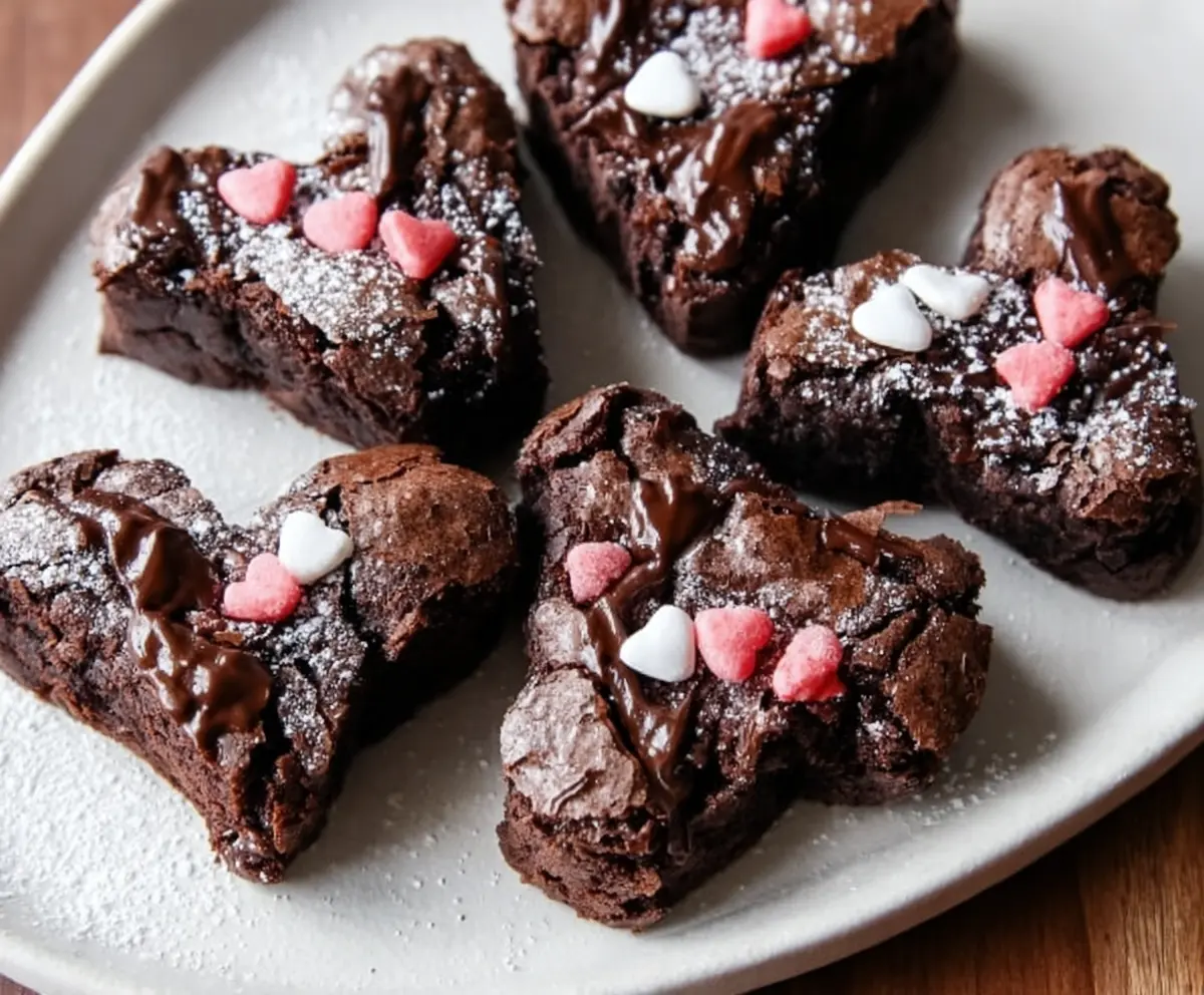 Delicious heart-shaped brownies with rich chocolate and a glossy finish, perfect for romantic occasions.