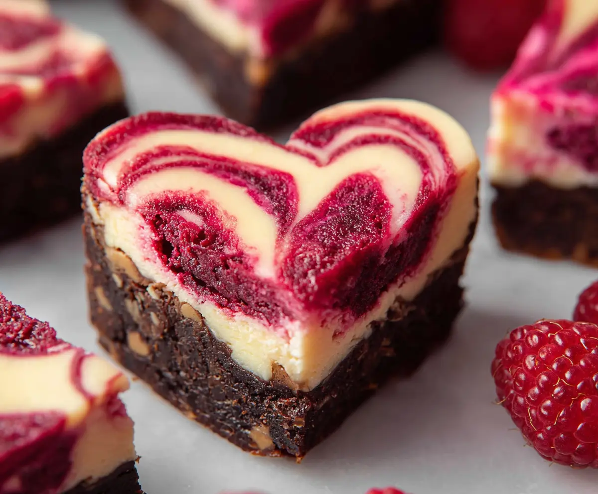 Delicious heart-shaped raspberry cheesecake brownies with a rich, chocolatey texture and vibrant raspberry topping.