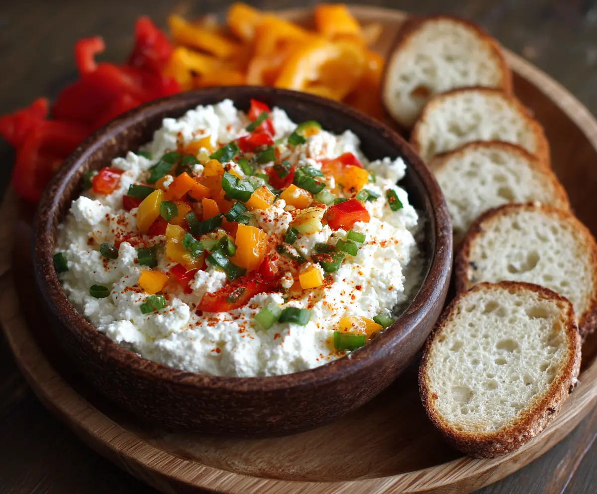 High Protein Cottage Cheese Giardiniera Dip served with fresh vegetables for a healthy snack.