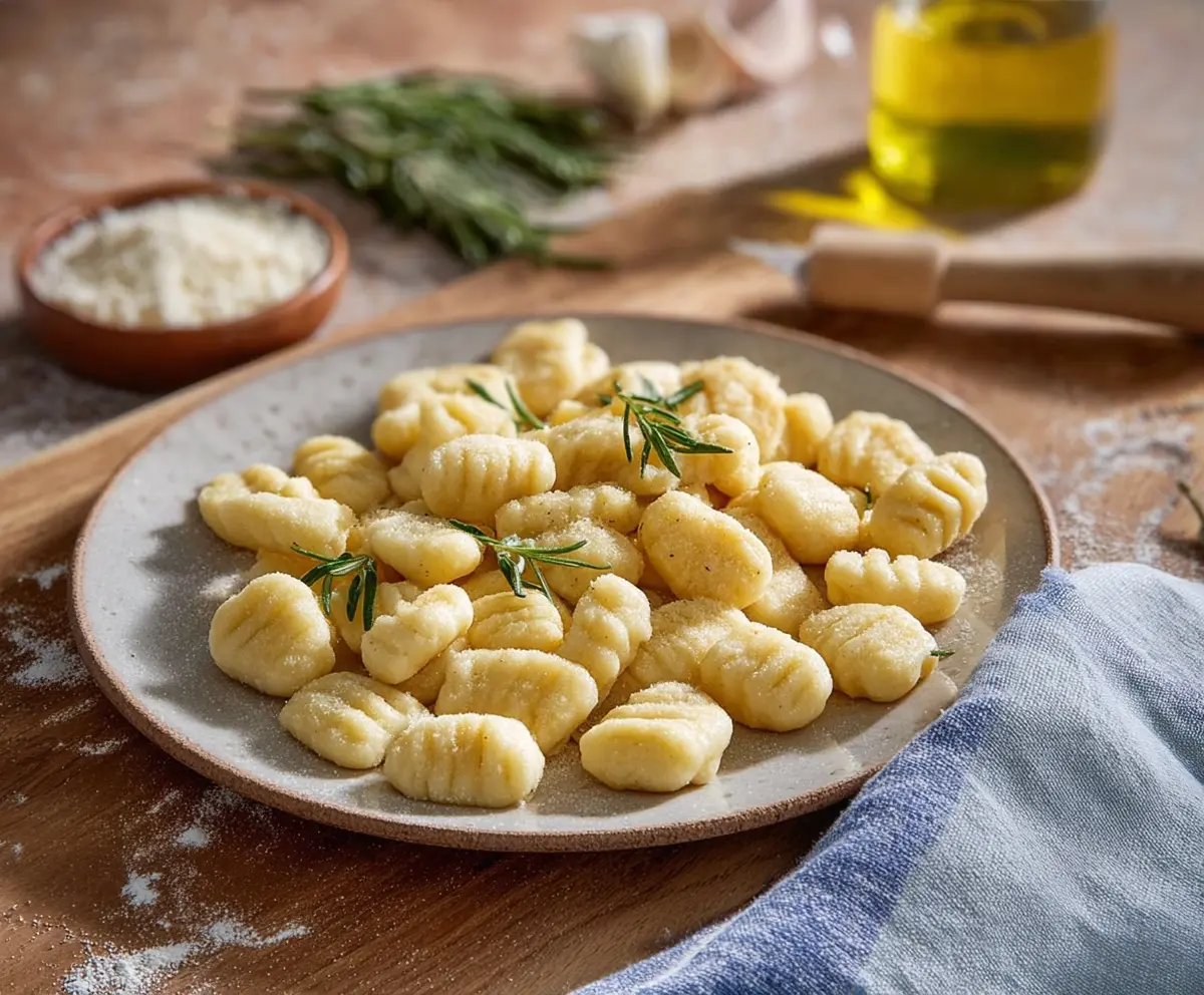 Homemade potato gnocchi served with fresh herbs on a rustic wooden table.