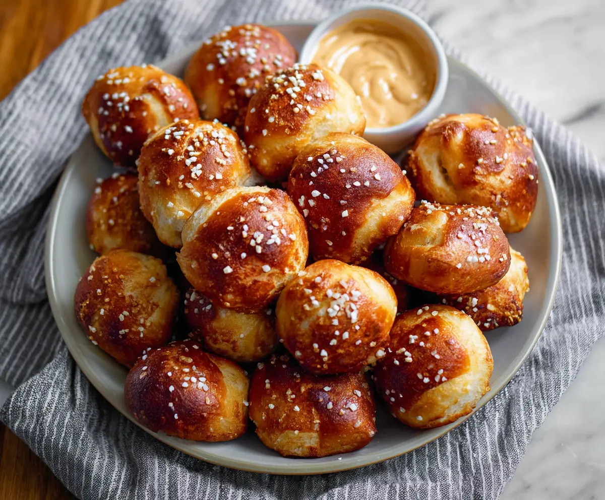 Delicious homemade soft pretzel bites on a wooden board with salt topping