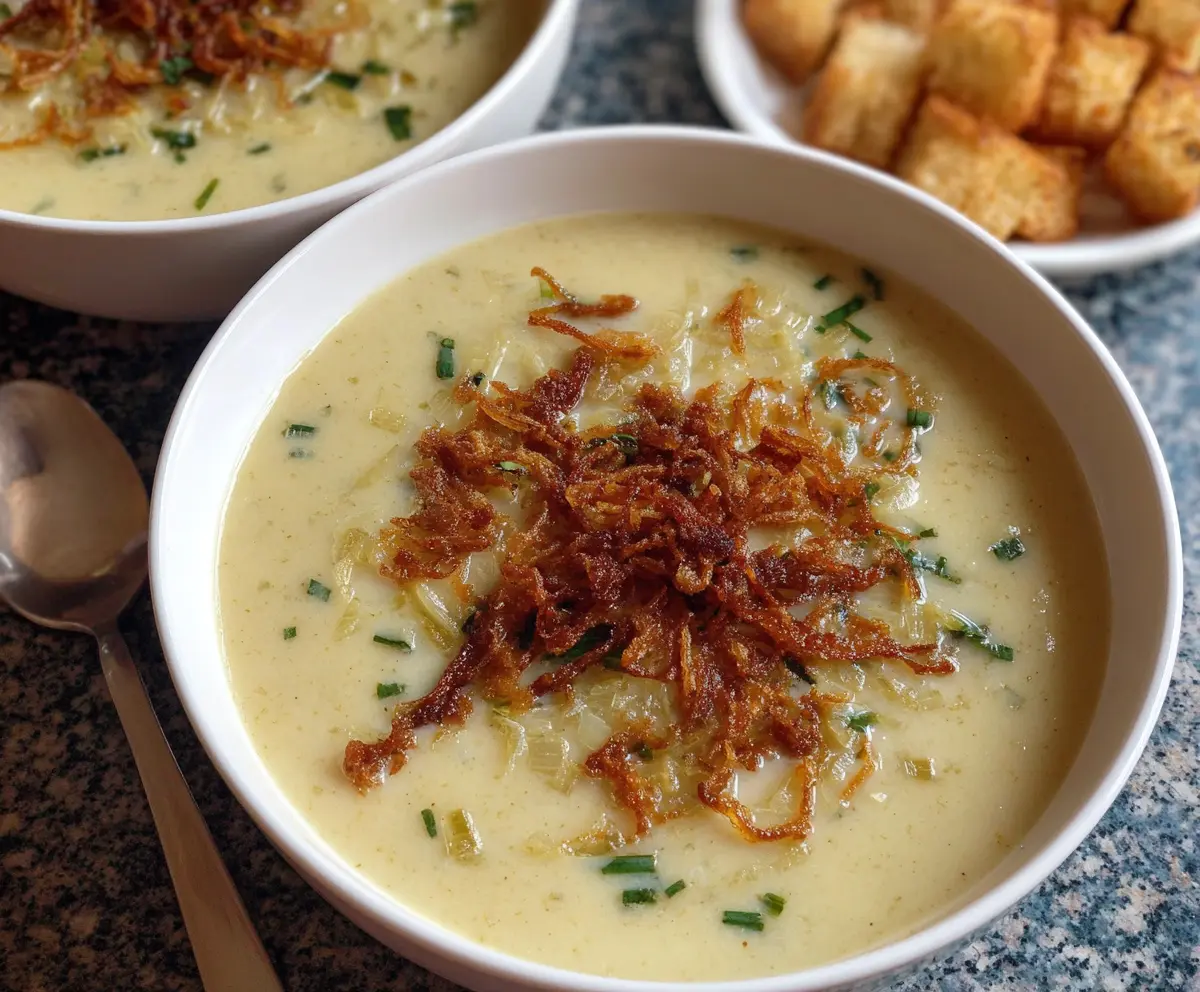 Creamy roasted potato and leek soup served in a bowl, garnished with fresh herbs, by Ina Garten.