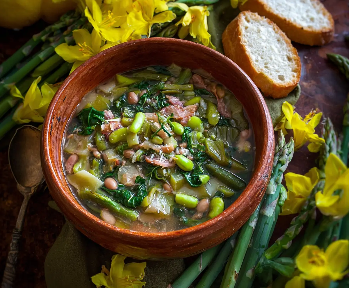 Vibrant Italian Spring Soup from Tuscany with fresh vegetables and herbs in a rustic bowl.