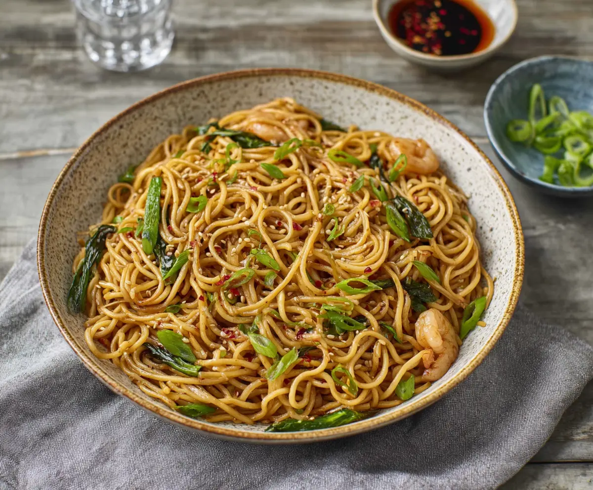 Delicious Japanese garlic fried noodles garnished with green onions and sesame seeds.