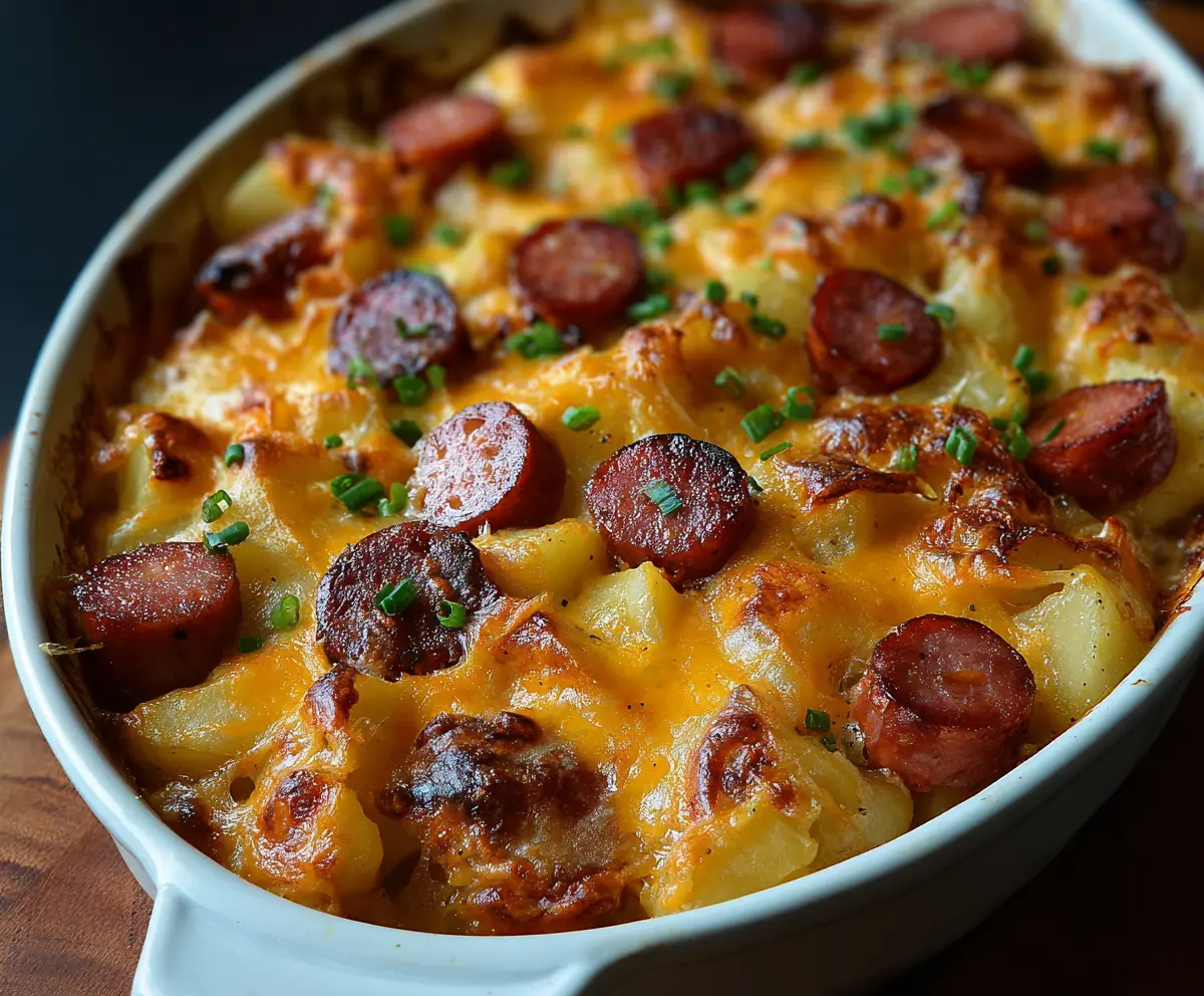 Delicious Kielbasa Sausage Cheesy Potato Casserole with melted cheese and crispy edges served in a baking dish