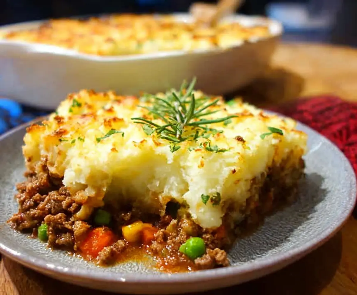 Delicious Lamb Shepherd's Pie topped with golden mashed potatoes and herbs
