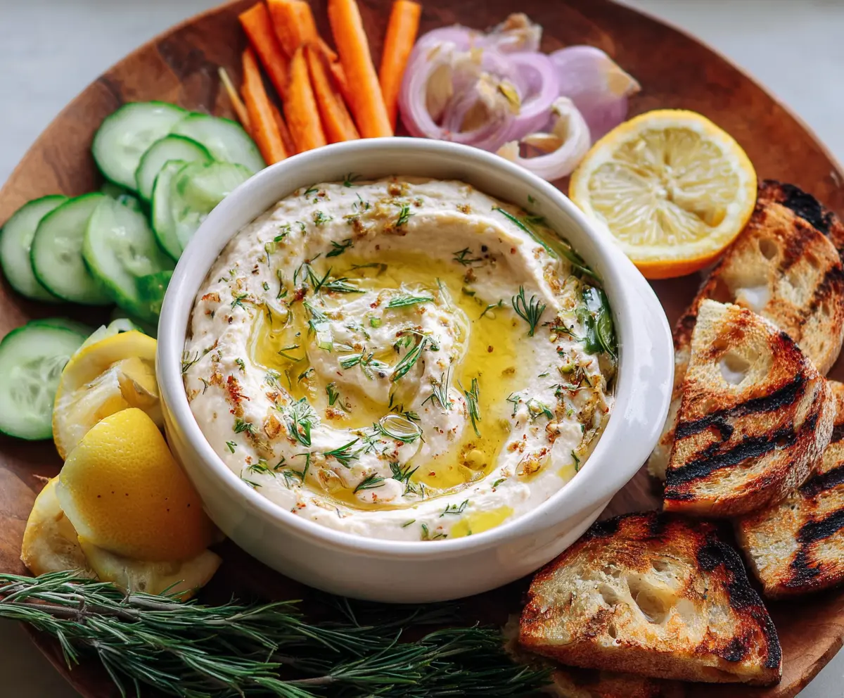 Delicious Lemon and Herb White Bean Dip served with fresh vegetables and pita bread.