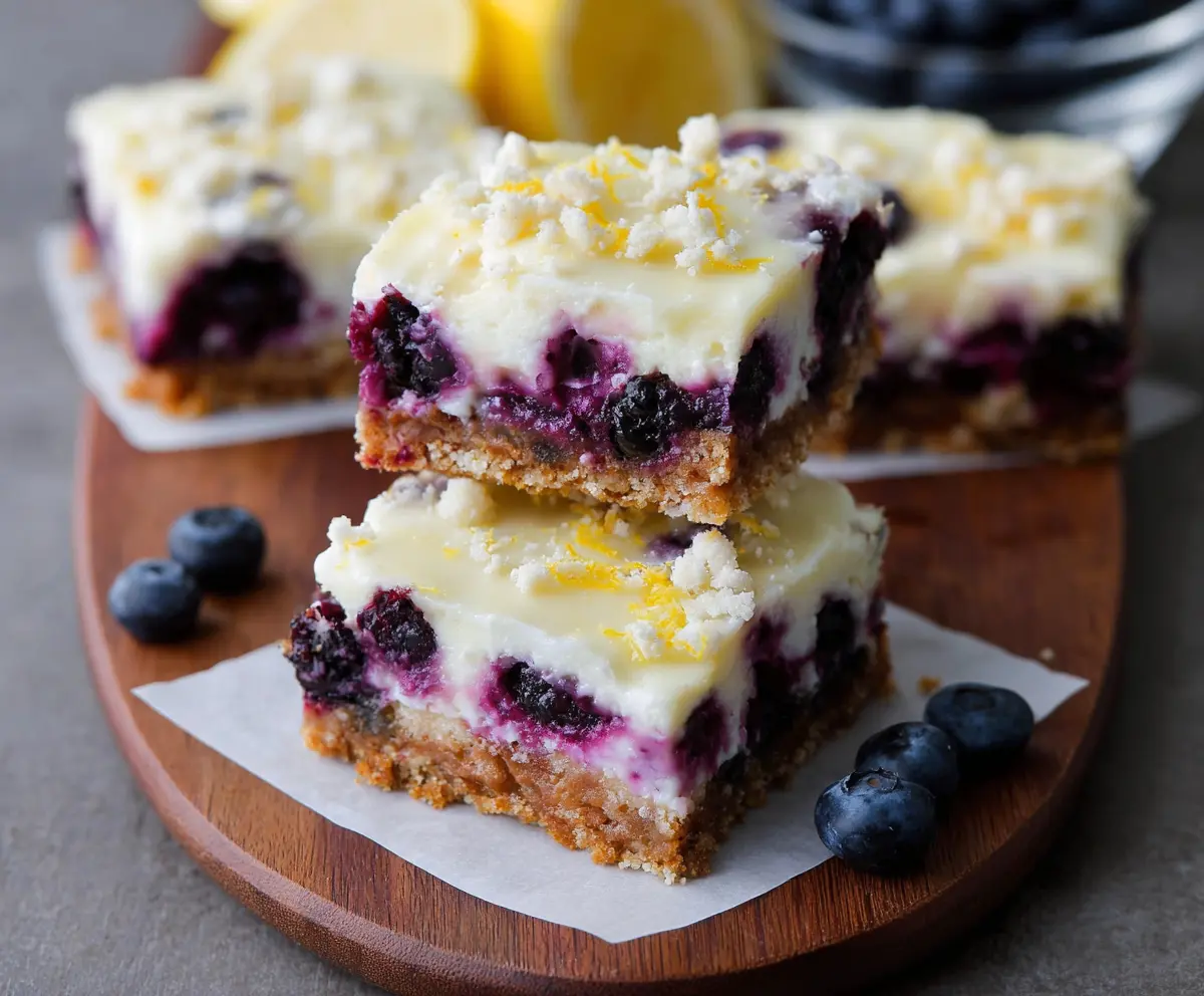 Delicious Lemon Blueberry Cheesecake Bars with a golden crust and fresh blueberries on top.