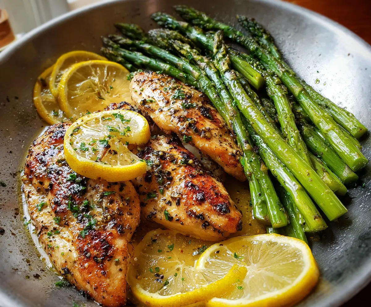 Juicy lemon butter garlic chicken served with tender asparagus on a white plate.