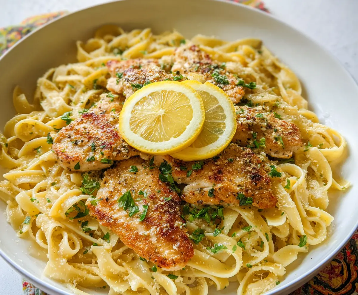 Delicious lemon chicken pasta dish garnished with fresh herbs on a serving plate.