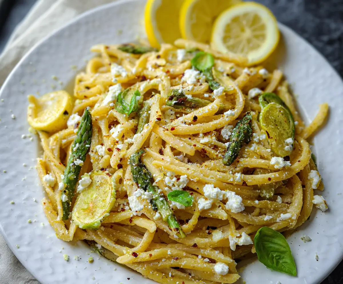 Creamy Lemon Feta Pasta garnished with fresh herbs on a white plate.