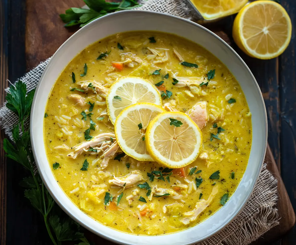 Fresh Lemon Ginger Turmeric Chicken and Rice Soup in a bowl, highlighting vibrant herbs and spices.