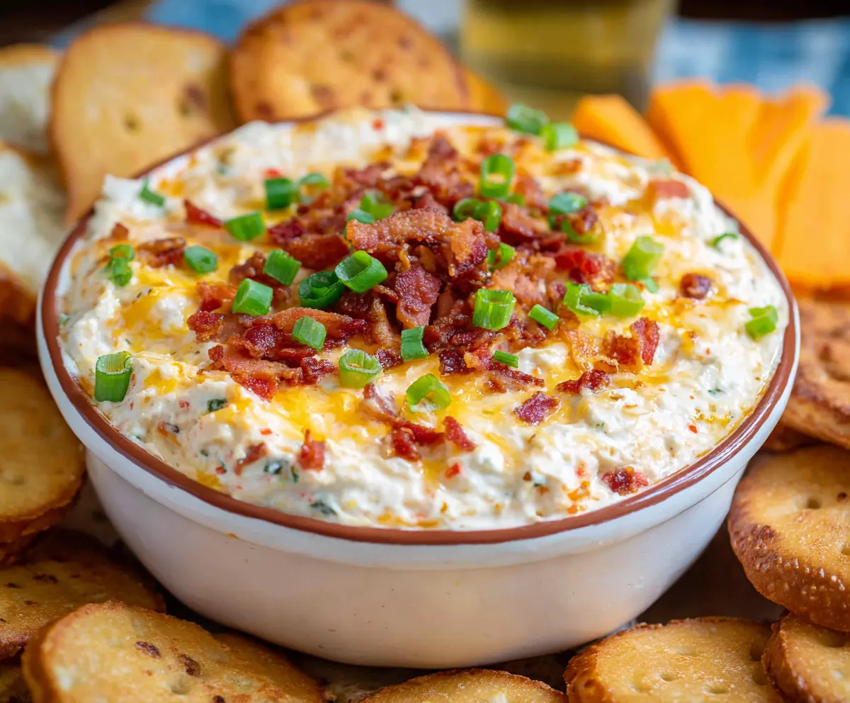 Creamy Million Dollar Dip topped with crispy bacon and melted cheese in a serving bowl.