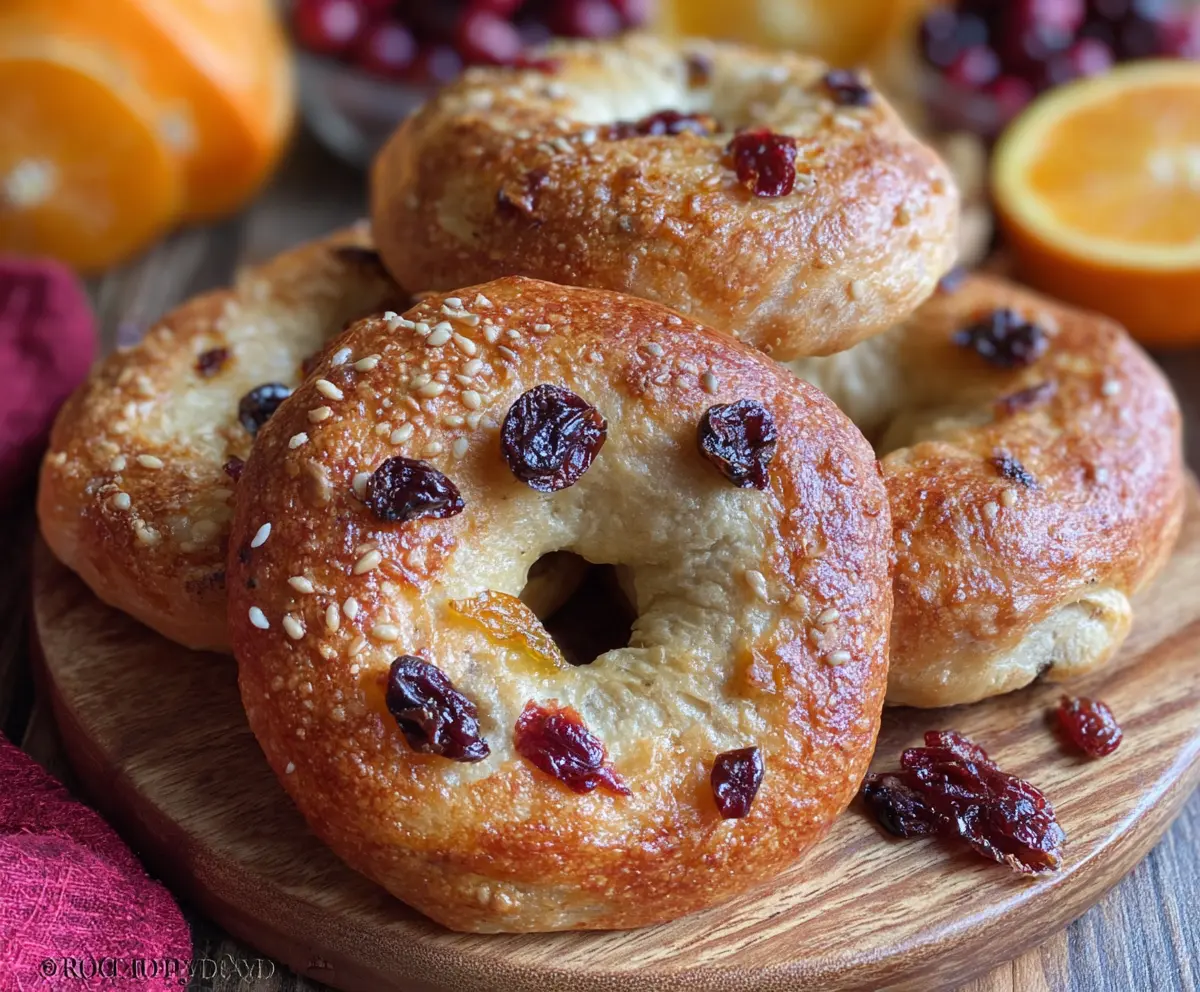 Mini cranberry orange bagels fresh out of the oven, garnished with cranberries and orange zest.