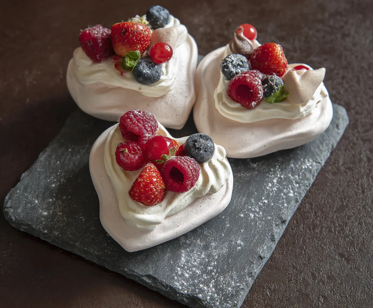 Delicious mini heart-shaped pavlovas topped with fresh berries and whipped cream, perfect for desserts.