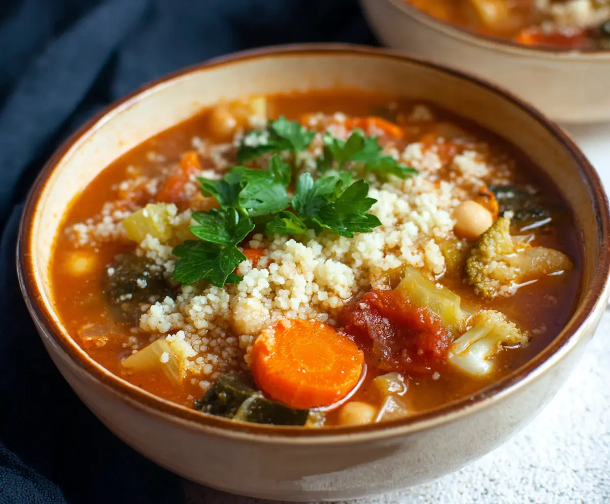 A bowl of Moroccan-spiced vegetable soup garnished with herbs, served with couscous on the side.